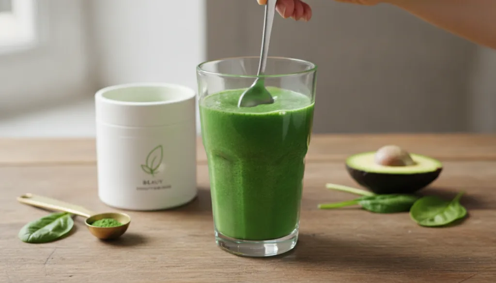 A glass with a green smoothie or drink containing the beauty powder with a spoon stirring it next to the container of th