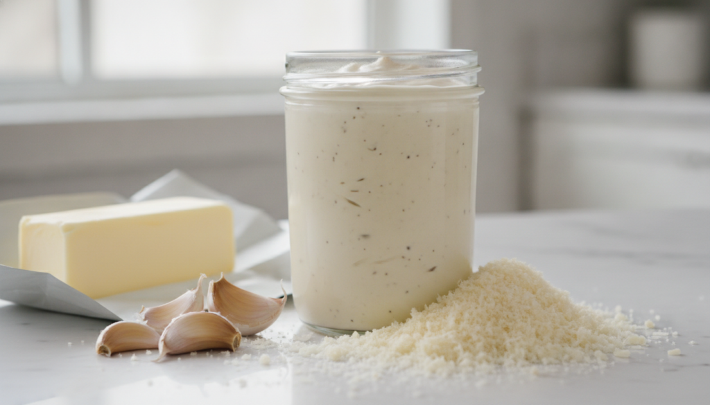 A velvety white creamy alfredo sauce in a glass jar with grated Parmesan cheese a stick of butter and garlic cloves arou