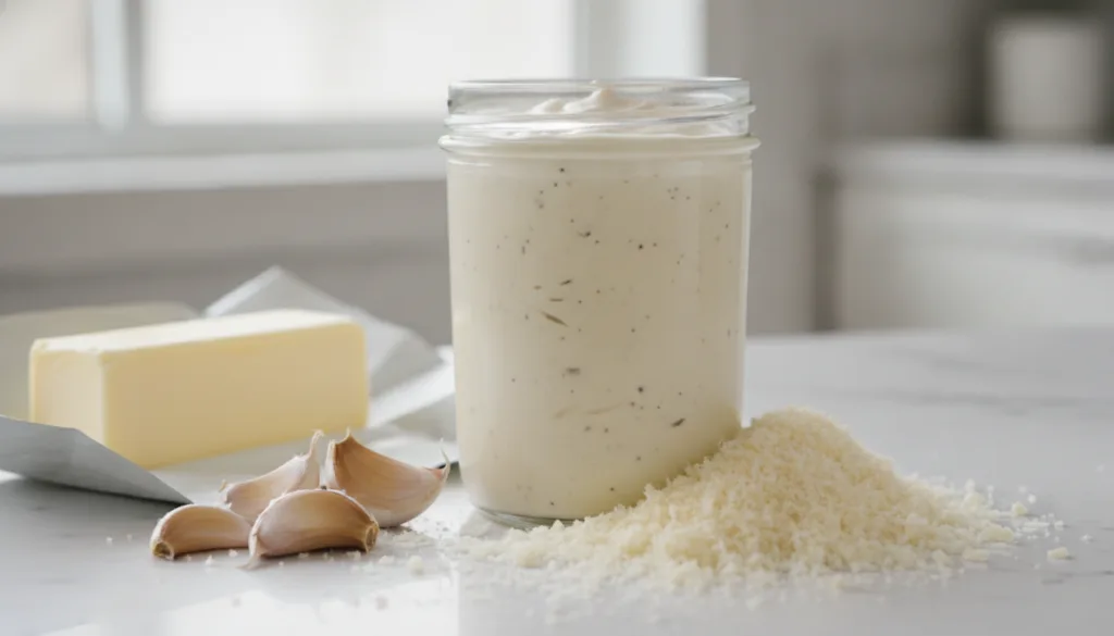 A velvety white creamy alfredo sauce in a glass jar with grated Parmesan cheese a stick of butter and garlic cloves arou