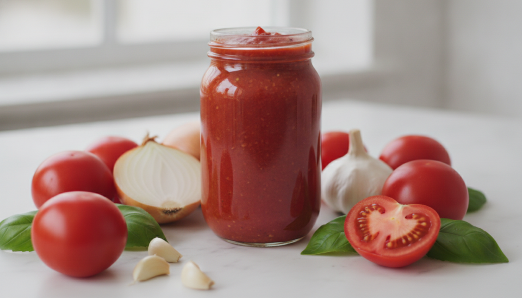 A rich red marinara sauce in a glass jar surrounded by fresh ripe tomatoes garlic cloves an onion and basil leaves on a 