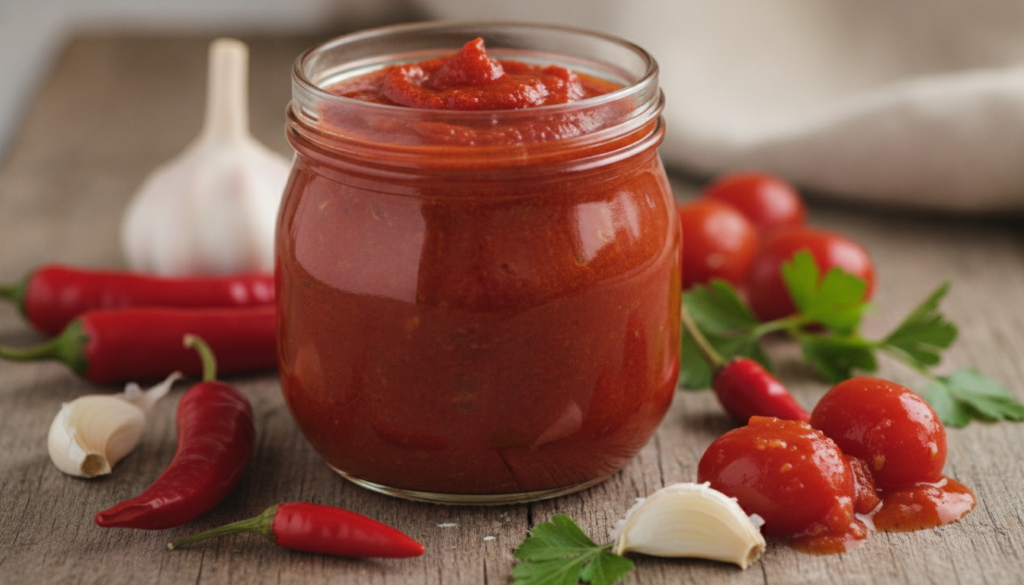 A vibrant red arrabbiata sauce in a glass jar with fresh red chili peppers garlic cloves canned diced tomatoes and parsl
