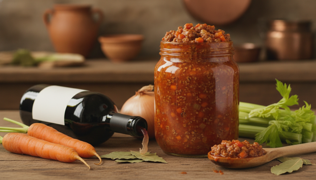 A rich meaty bolognese sauce in a glass jar with ground meat diced carrots celery onion and a bottle of red wine artfull