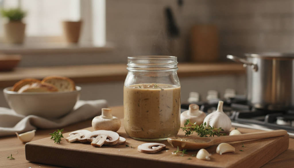 A smooth light brown creamy mushroom sauce in a glass jar with fresh sliced cremini mushrooms garlic cloves and thyme sp