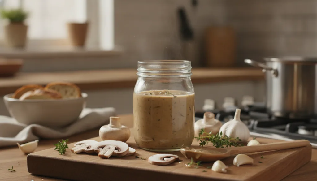 A smooth light brown creamy mushroom sauce in a glass jar with fresh sliced cremini mushrooms garlic cloves and thyme sp
