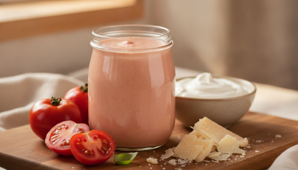 A beautifully light pink creamy tomato sauce in a glass jar with fresh ripe tomatoes heavy cream and Parmesan cheese fla