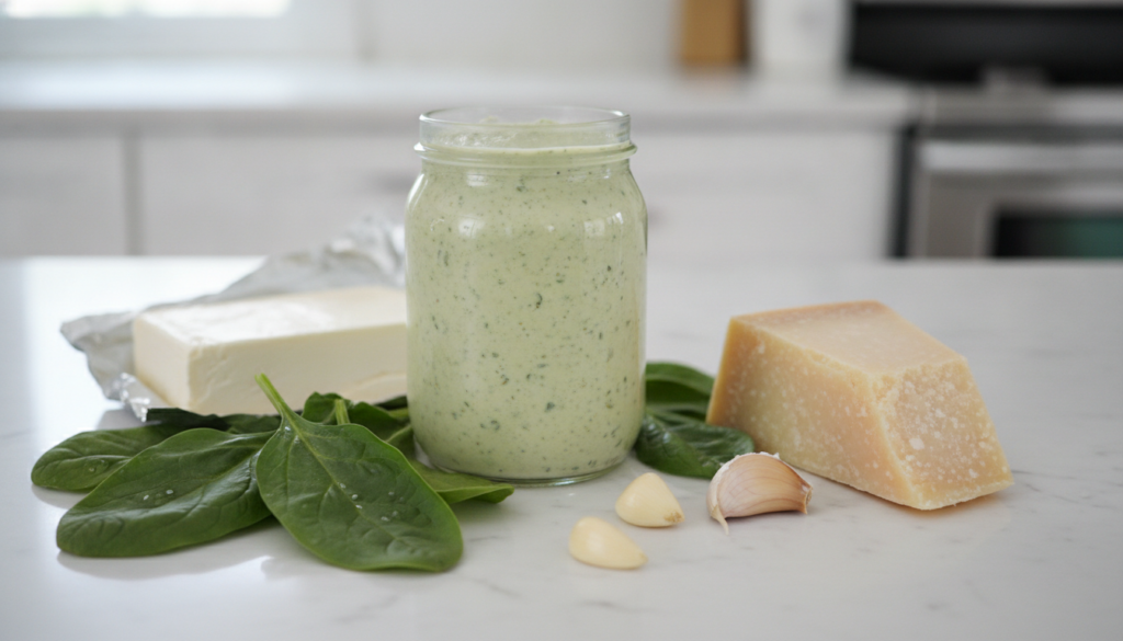 A creamy light green spinach parmesan sauce in a glass jar with fresh spinach leaves a wedge of Parmesan cheese garlic c