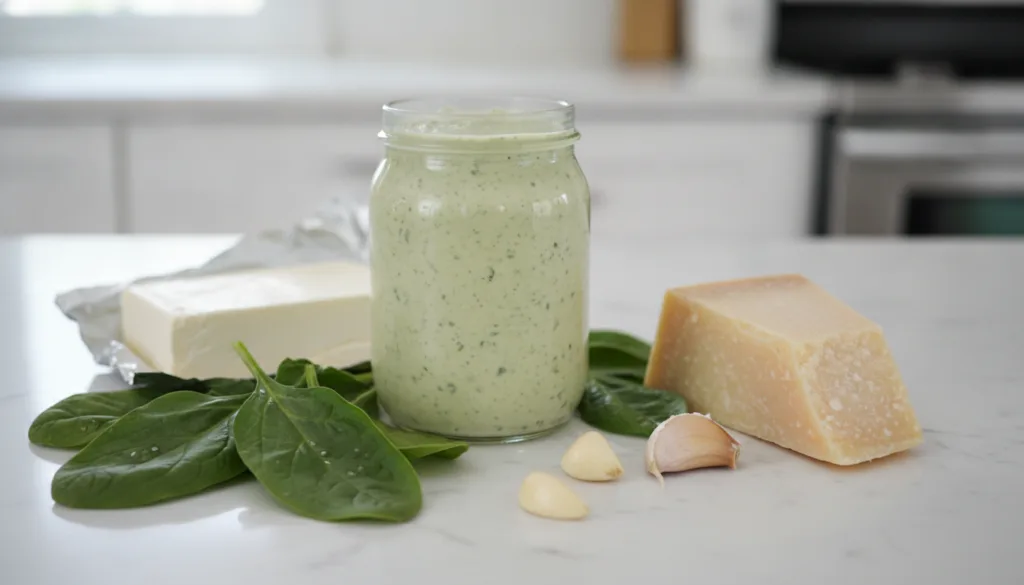 A creamy light green spinach parmesan sauce in a glass jar with fresh spinach leaves a wedge of Parmesan cheese garlic c