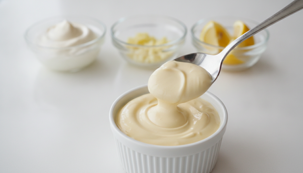 A close-up shot of creamy pale yellow garlic aioli being spooned into a white ramekin with small glass bowls of mayonnai