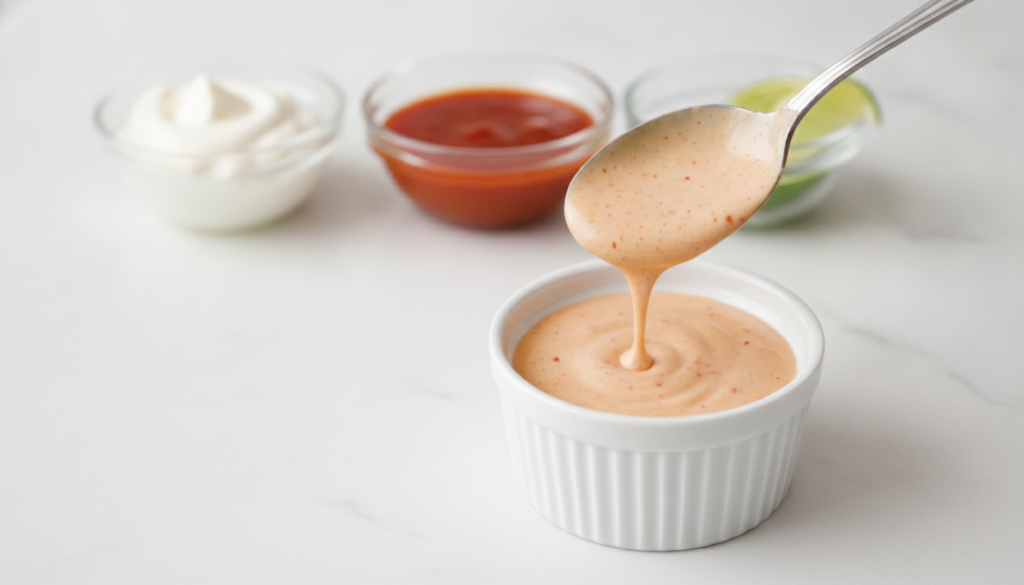 A close-up shot of orange-pink spicy mayo being spooned into a white ramekin with small glass bowls of mayonnaise Srirac