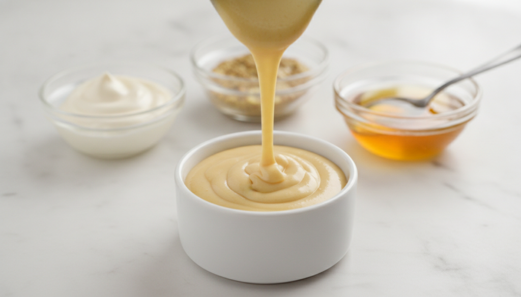 A close-up shot of pale yellow honey mustard sauce being spooned into a white ramekin with small glass bowls of mayonnai