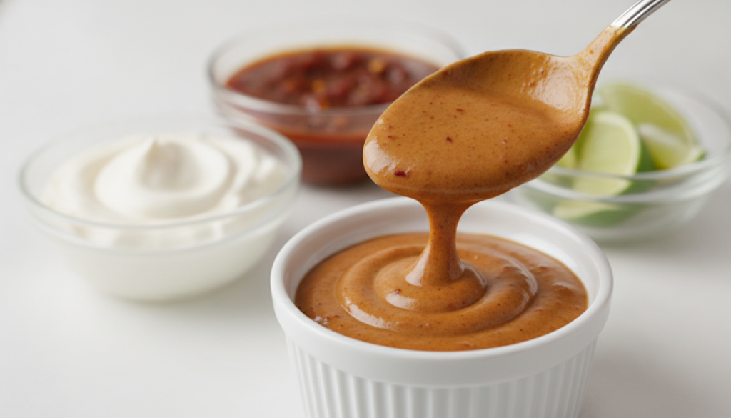 A close-up shot of deep orange-brown smoky chipotle mayo being spooned into a white ramekin with small glass bowls of ma