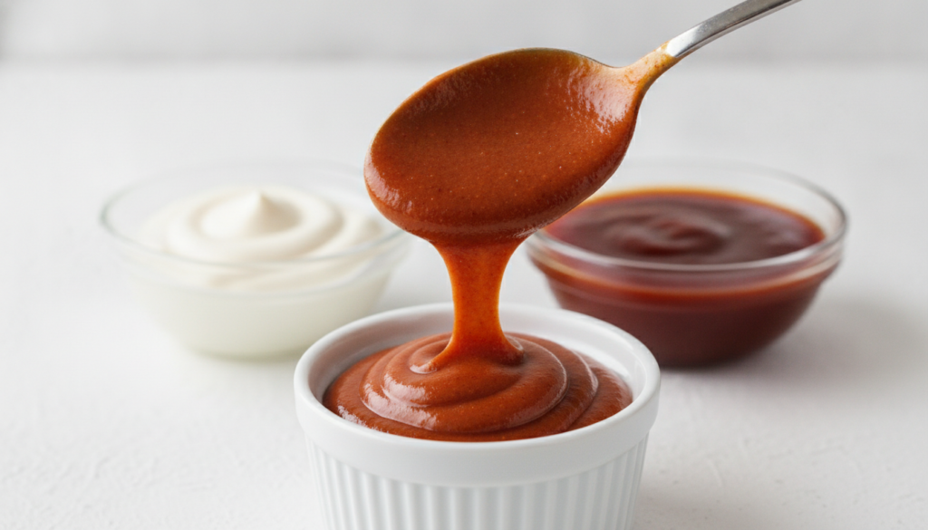 A close-up shot of deep orange-brown tangy BBQ mayo being spooned into a white ramekin with small glass bowls of mayonna