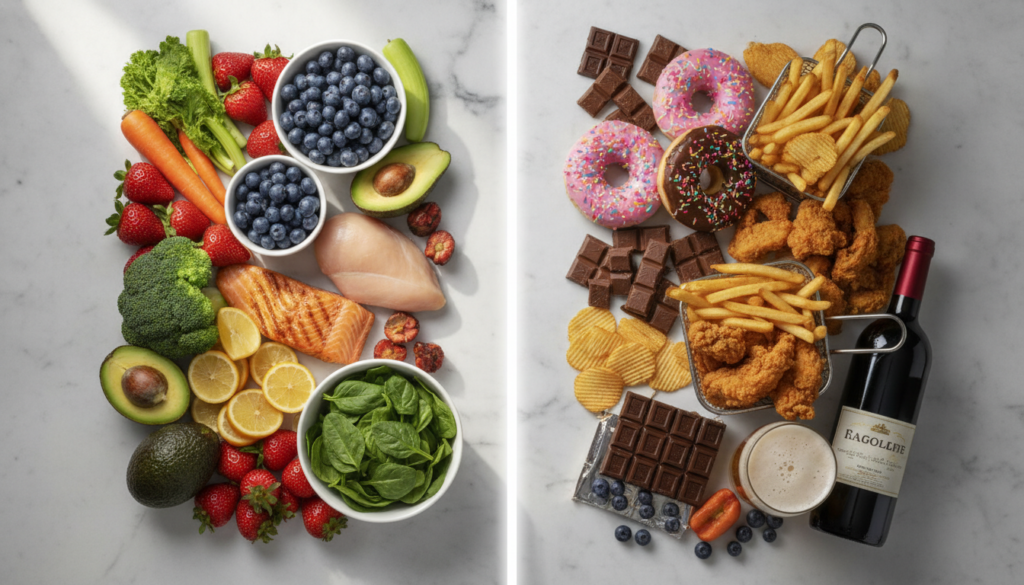 A visual comparison showing a section of healthy foods on one side and a section of unhealthy foods like sugary drinks a