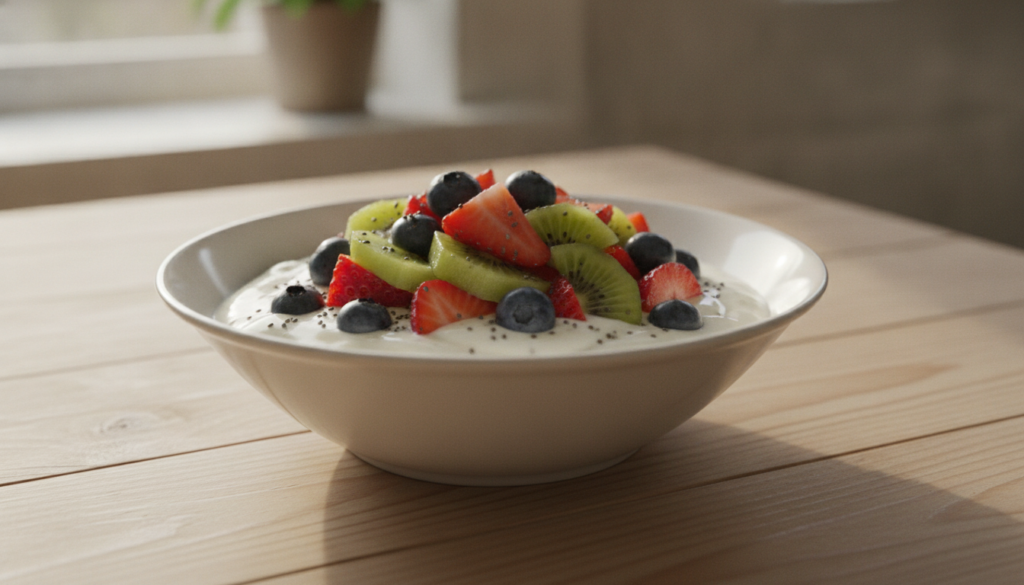 A vibrant healthy breakfast bowl featuring low-sugar fruits like berries and sliced kiwi alongside Greek yogurt and gran