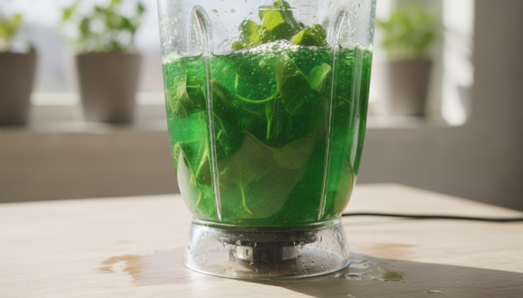 A blender preparing fresh purslane leaves with water into a green liquid or paste