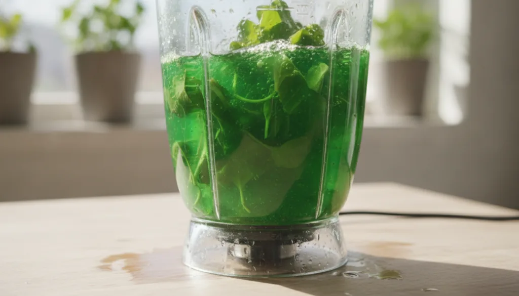 A blender preparing fresh purslane leaves with water into a green liquid or paste