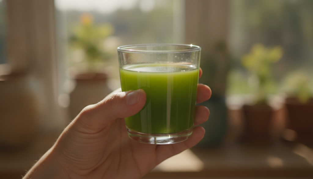 A person s hand holding a small glass of green purslane juice with soft morning light