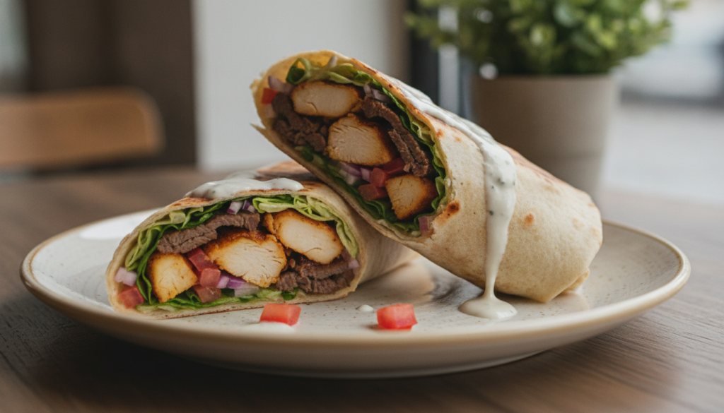 A vibrant mixed meat shawarma wrap showcasing a blend of chicken and beef slices fresh vegetables and a creamy garlic sa