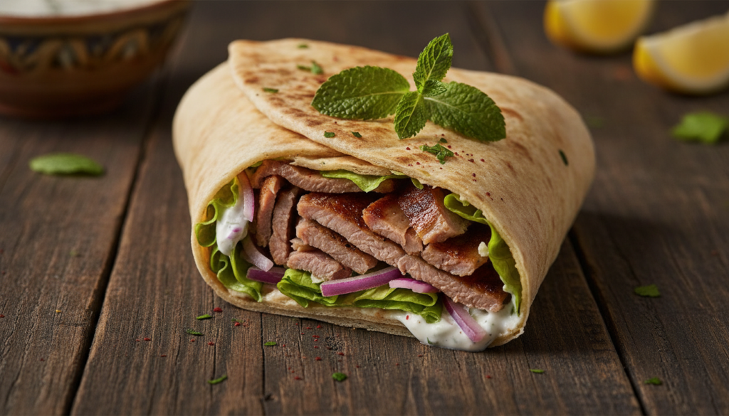 An enticing lamb shawarma wrap featuring succulent lamb slices fresh greens red onions and a hint of mint served on a ru