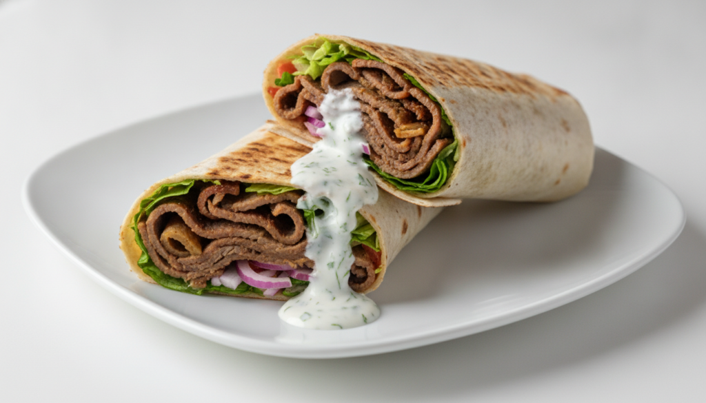 A mouthwatering beef shawarma wrap with thinly sliced well-seasoned beef fresh vegetables and a creamy white sauce on a 