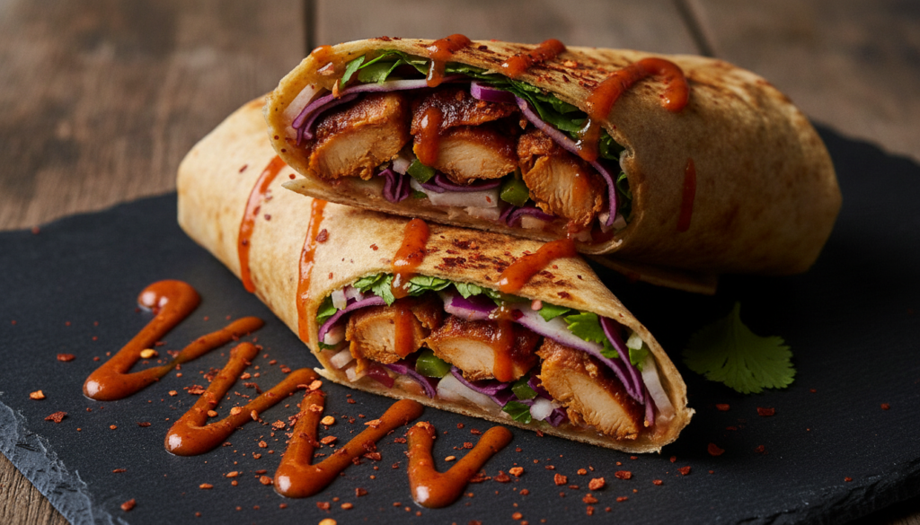 A fiery spicy chicken shawarma wrap garnished with chili flakes and a drizzle of hot sauce showing vibrant red and orang