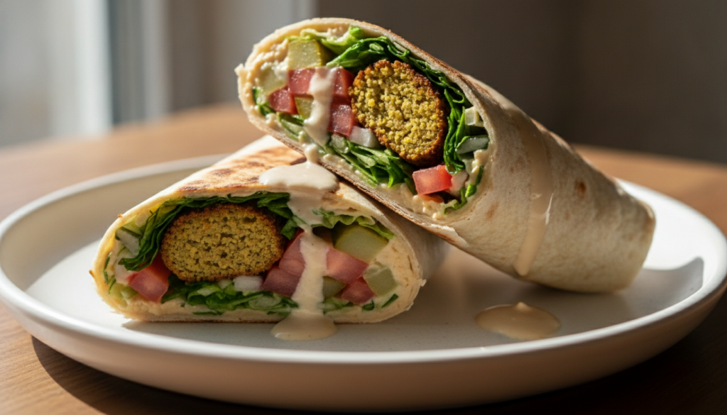 A fresh and vibrant falafel shawarma wrap featuring crispy falafel balls hummus fresh salad pickles and tahini sauce on 