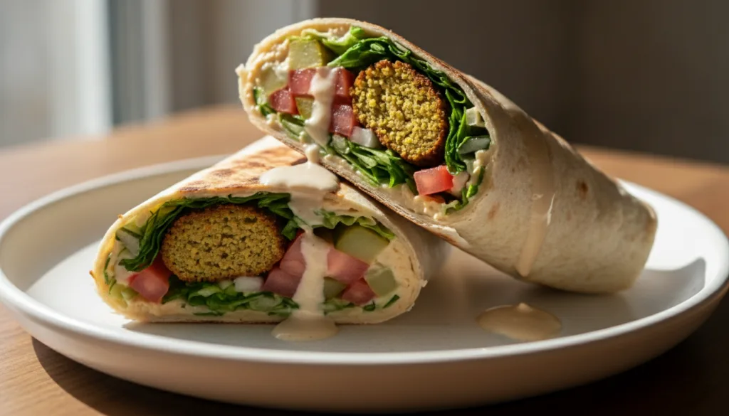 A fresh and vibrant falafel shawarma wrap featuring crispy falafel balls hummus fresh salad pickles and tahini sauce on 