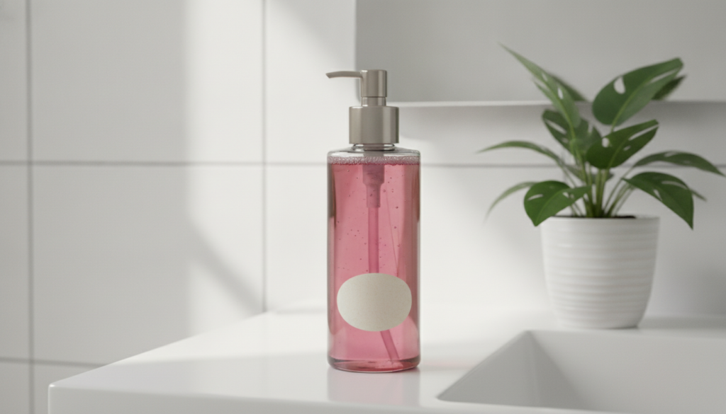 A clear glass bottle filled with a reddish-pink hibiscus and rosemary hair rinse placed in a bright bathroom setting