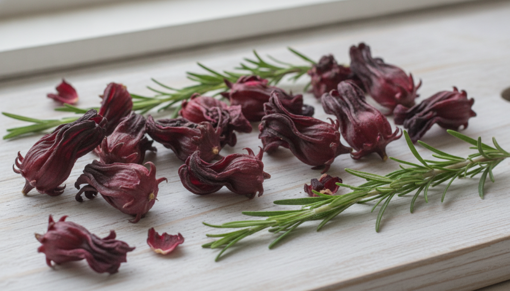 Dried hibiscus flowers and fresh rosemary sprigs laid out on a clean surface ready for a hair rinse preparation