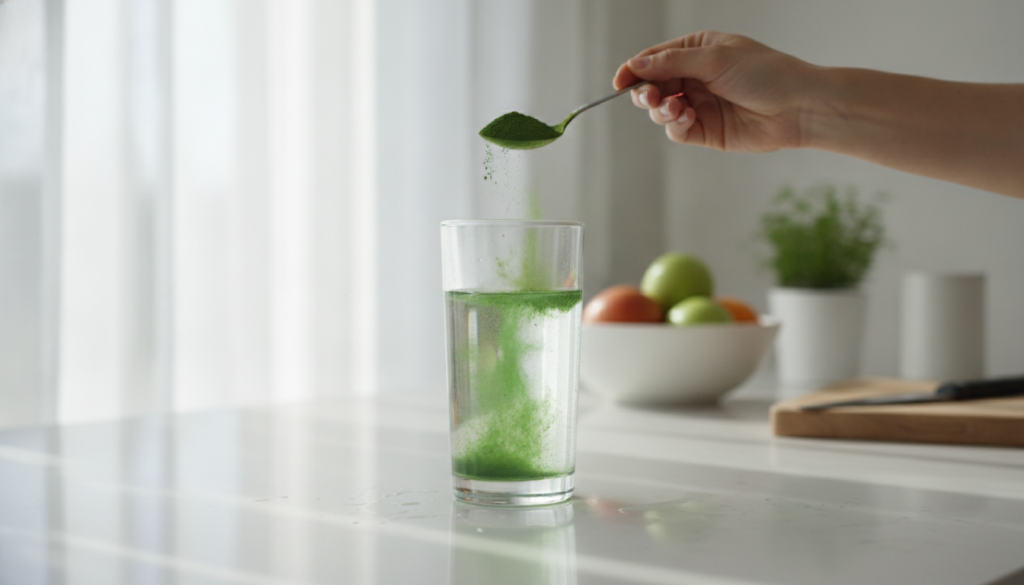 A woman adding a spoonful of green powder to a glass of water preparing a beauty drink
