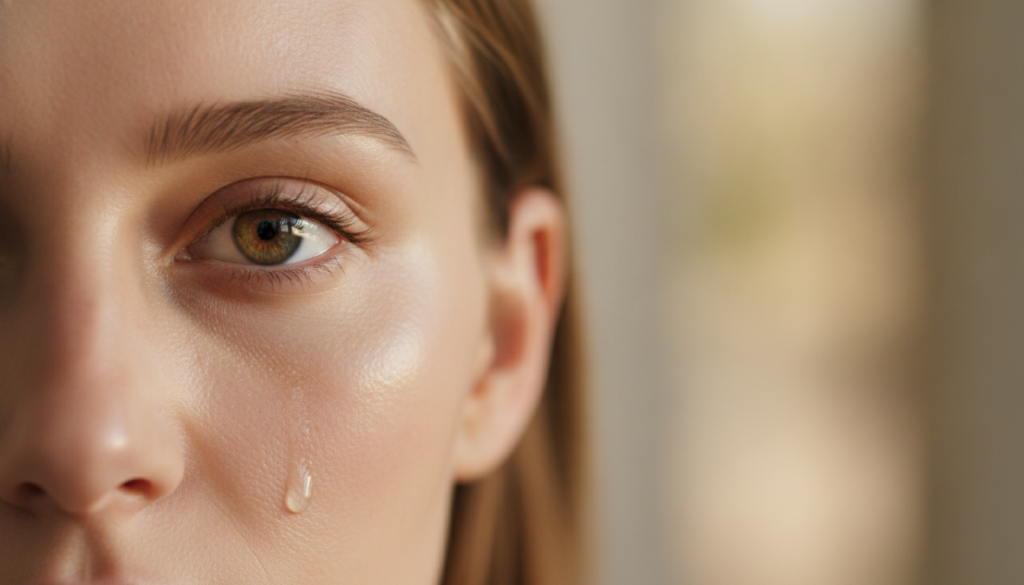 Close-up of a woman s face showing dewy clear skin and a radiant complexion