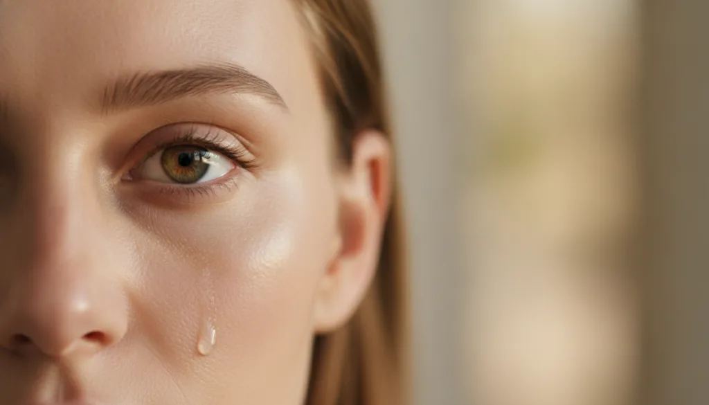 Close-up of a woman s face showing dewy clear skin and a radiant complexion