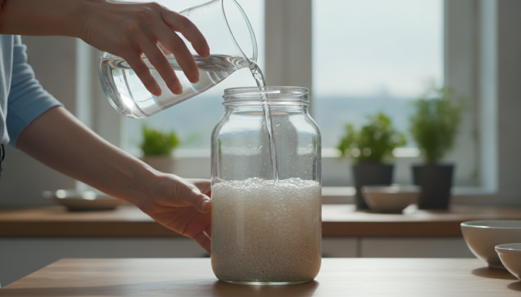 Hands pouring filtered water over rice in a glass jar illustrating the soaking step of making rice water