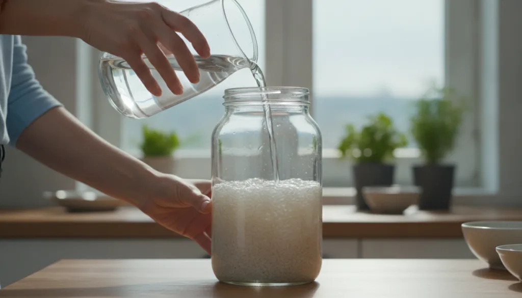 Hands pouring filtered water over rice in a glass jar illustrating the soaking step of making rice water