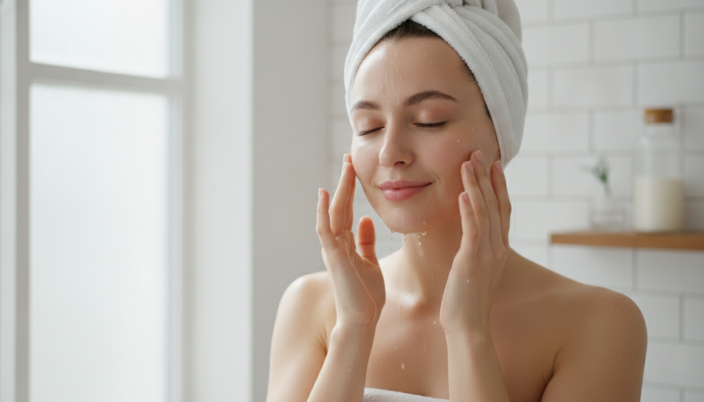 A woman gently patting her face after applying rice water showing a fresh dewy complexion