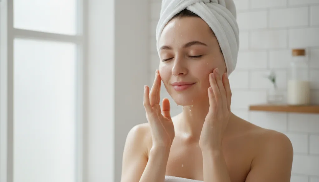A woman gently patting her face after applying rice water showing a fresh dewy complexion