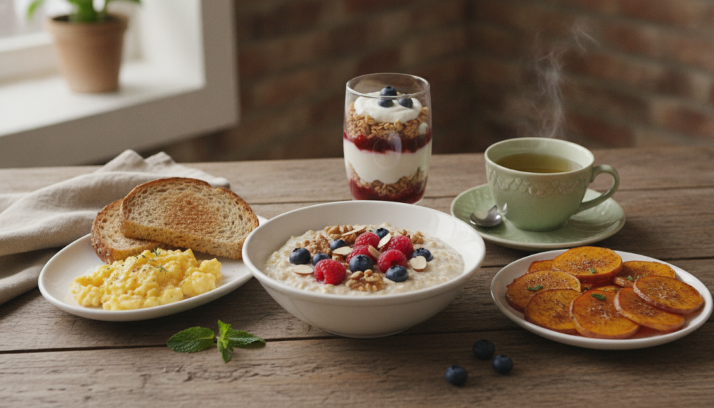 A beautiful varied breakfast spread featuring oatmeal with berries and nuts scrambled eggs with whole-grain toast a Gree