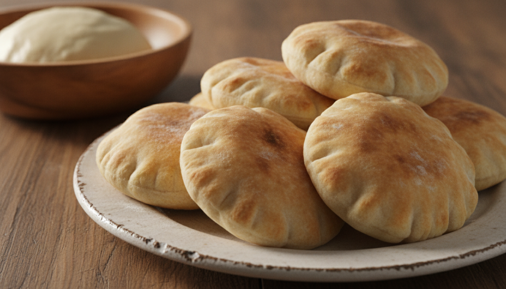 Several homemade pita breads perfectly puffed and golden brown arranged on a white plate A bowl of raw pita dough is vis