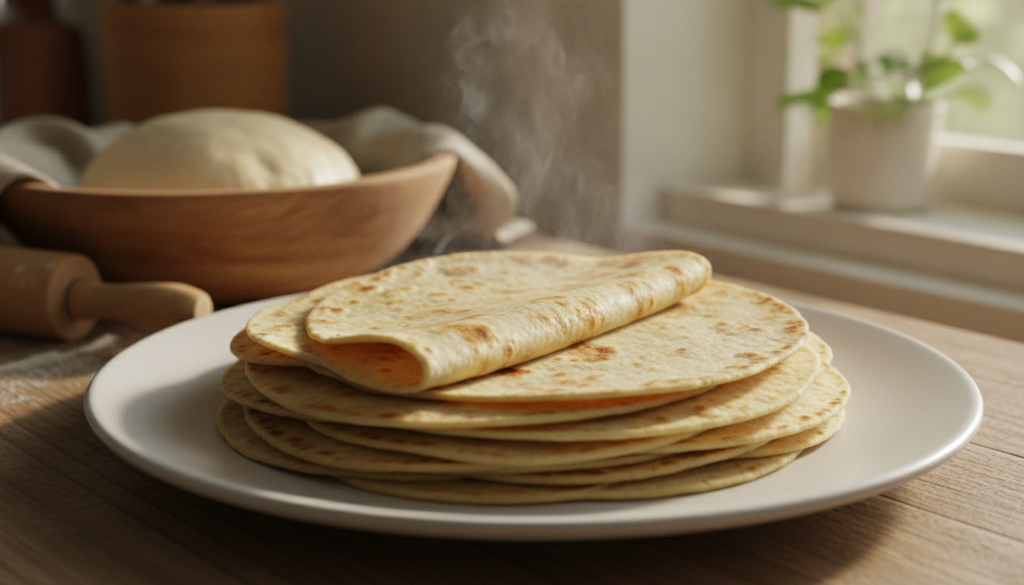 A stack of freshly made soft flour tortillas on a white plate with a few folded over to show their flexibility A bowl of