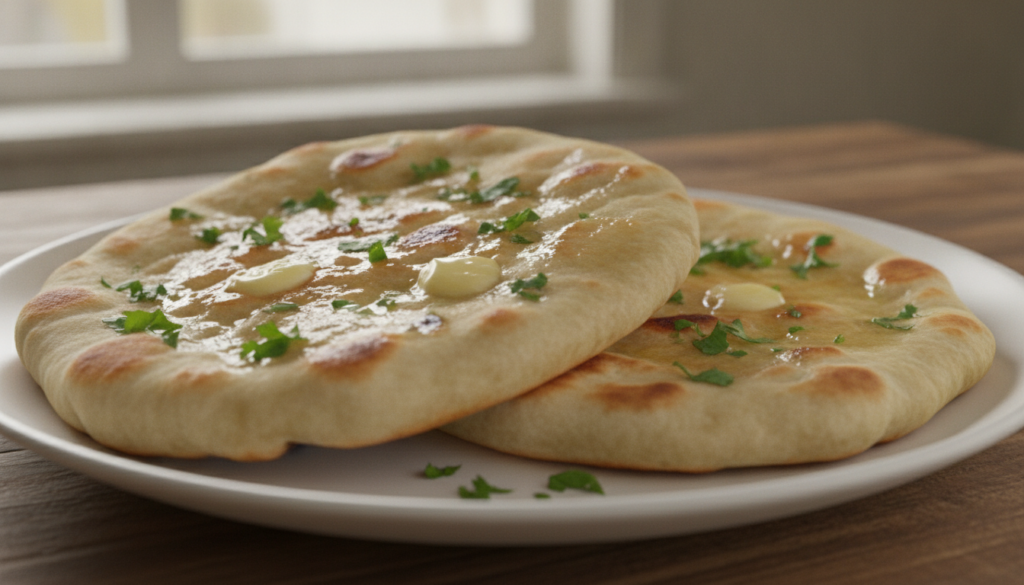 Two soft fluffy butter naan breads stacked on a white plate brushed with melted butter and garnished with fresh cilantro