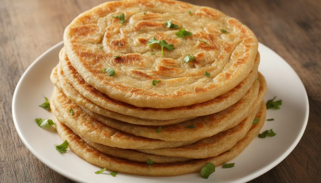 A stack of golden-brown flaky Laccha Paratha on a white plate garnished with fresh cilantro The distinct layers are visi