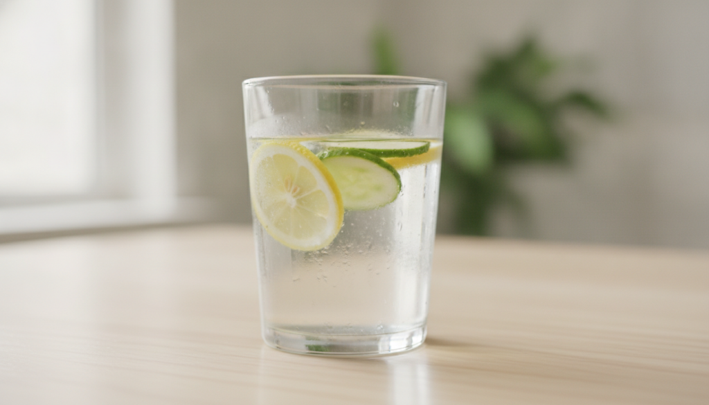 A refreshing glass of water infused with lemon and cucumber slices sitting on a natural wood surface next to a reusable