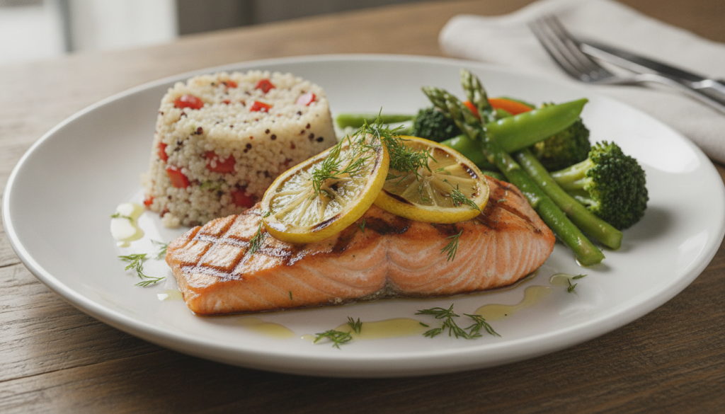 A perfectly grilled salmon fillet served with lemon wedges and fresh dill alongside a side of quinoa and steamed green v