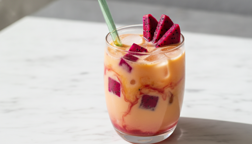 A tall glass of vibrant pink Mango Dragonfruit Refresher with ice garnished with fresh dragon fruit slices and a green s