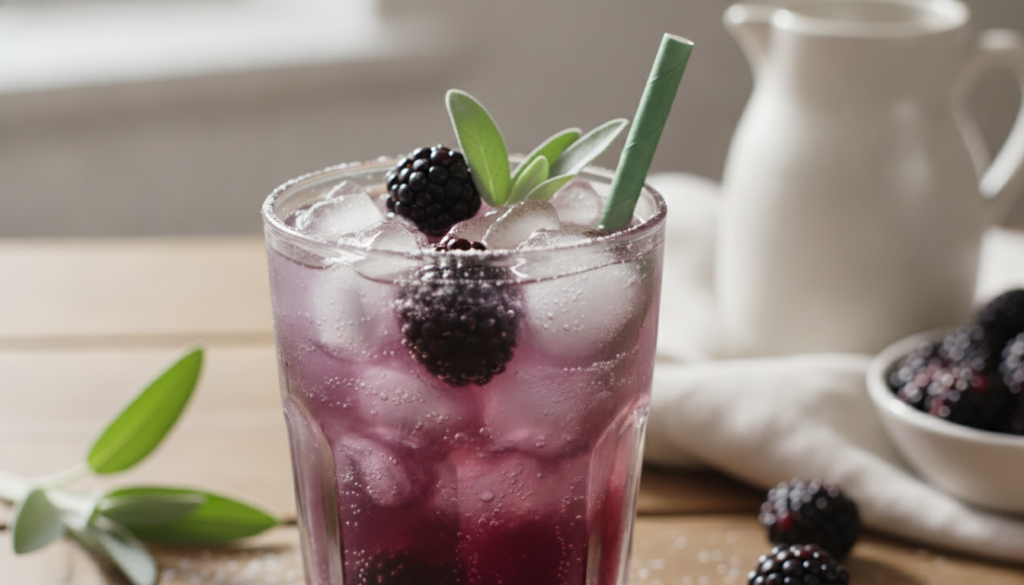 A tall glass of deep purple Blackberry Sage Refresher with ice garnished with fresh blackberries and sage leaves and a g