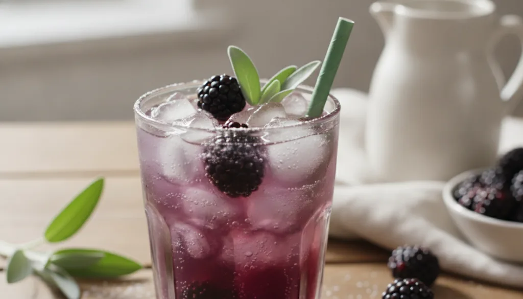 A tall glass of deep purple Blackberry Sage Refresher with ice garnished with fresh blackberries and sage leaves and a g