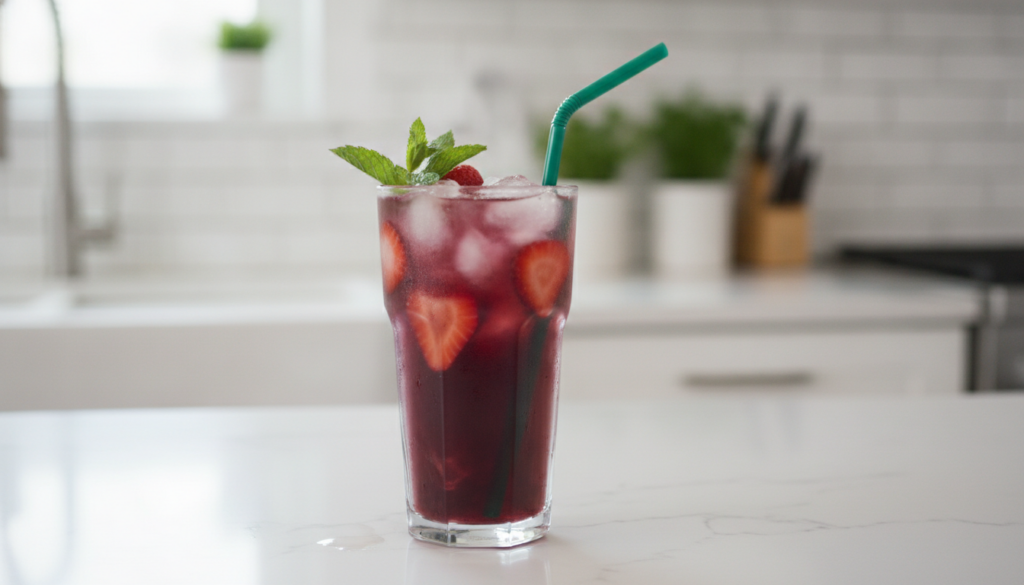 A tall glass of bright red Strawberry Açaí Refresher with ice garnished with fresh strawberry slices and a green straw o