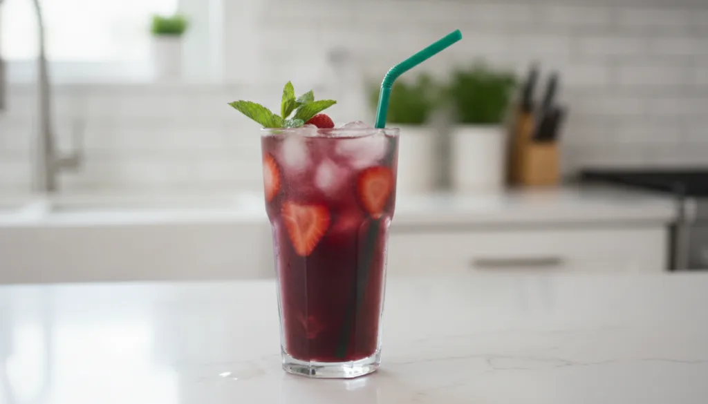 A tall glass of bright red Strawberry Açaí Refresher with ice garnished with fresh strawberry slices and a green straw o