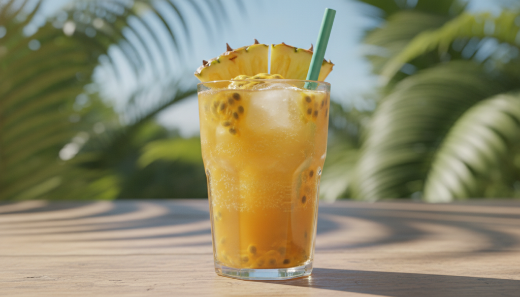 A tall glass of bright yellow Pineapple Passionfruit Refresher with ice garnished with pineapple wedges and passion frui