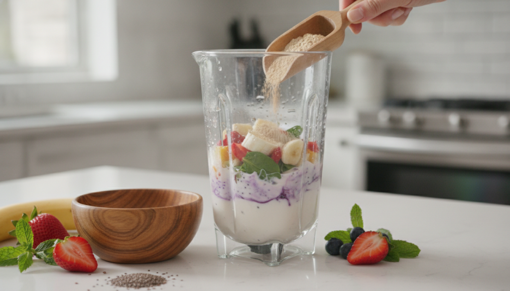 A hand adding a scoop of light brown powder into a blender with fruits and liquid preparing a healthy shake in a bright 